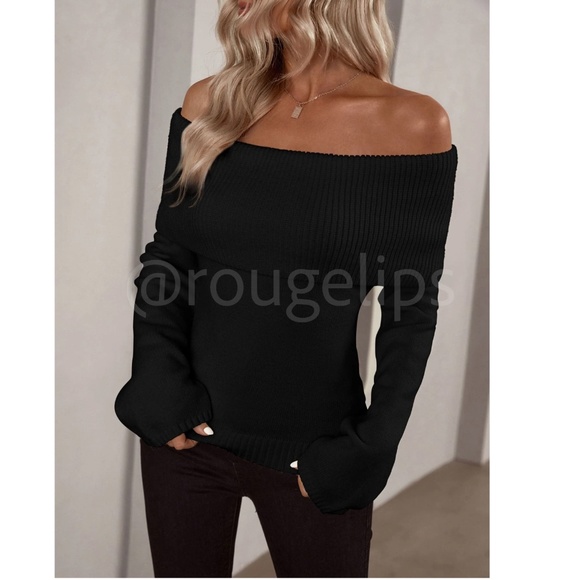 Black Off Shoulder Fold Over Sweater Pullover Knit Long Sleeve - Picture 3 of 7